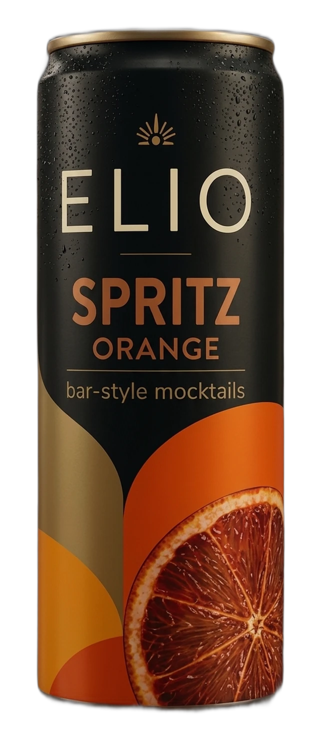 ELIO Spritz Orange — freigestellte Premium-Dose in Schwarz und Orange